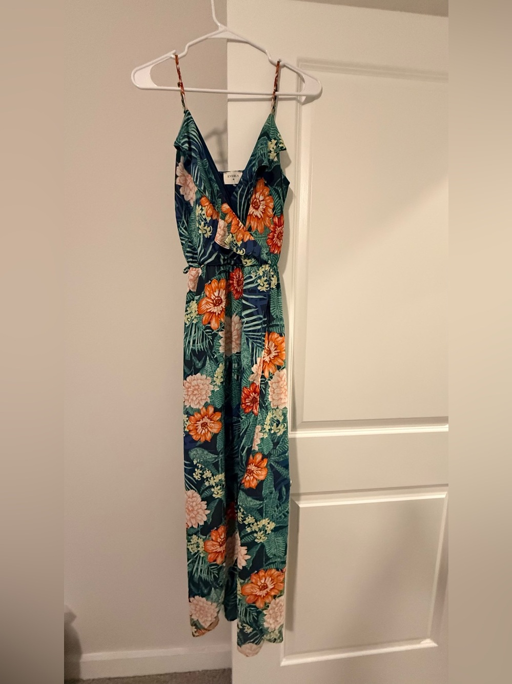 Everly Navy Tropical Leaf Maxi Jumpsuit